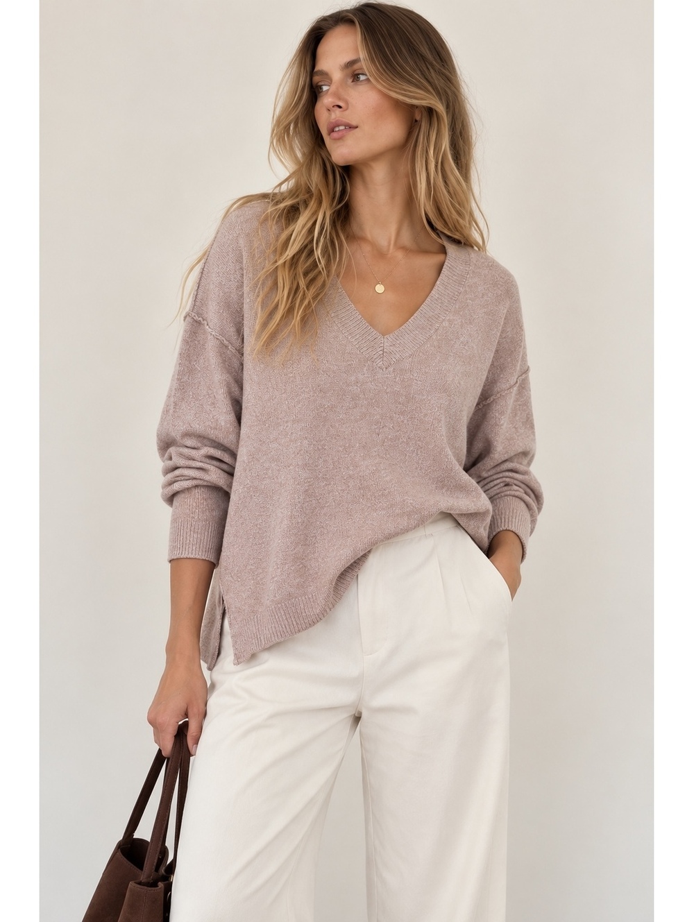 Abercrombie & Fitch Soft A&F V Neck Oversized Drop Shoulder Sweater S Taupe